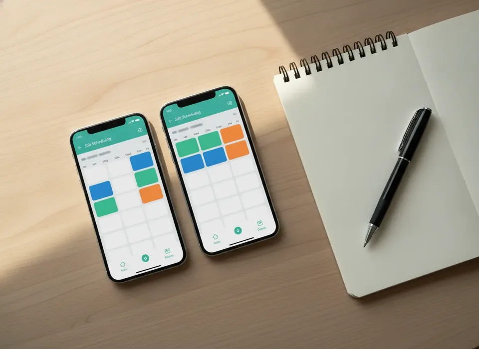 Two phones side by side showing a scheduling app and an invoicing app, illustrating a field service software comparison