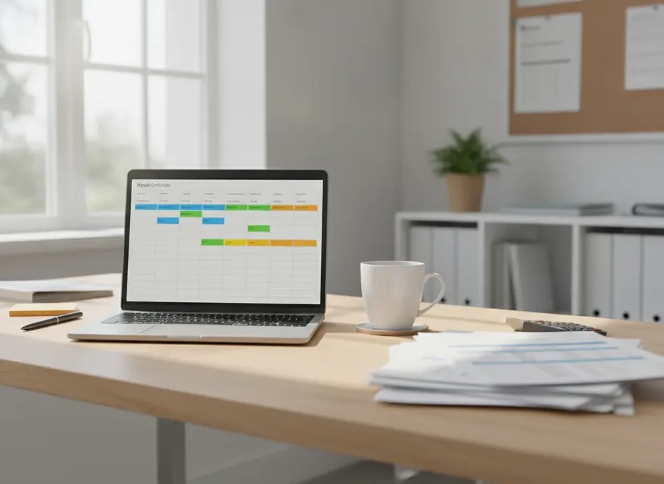 Illustration of a small contractor office with a dispatch schedule on a wall screen