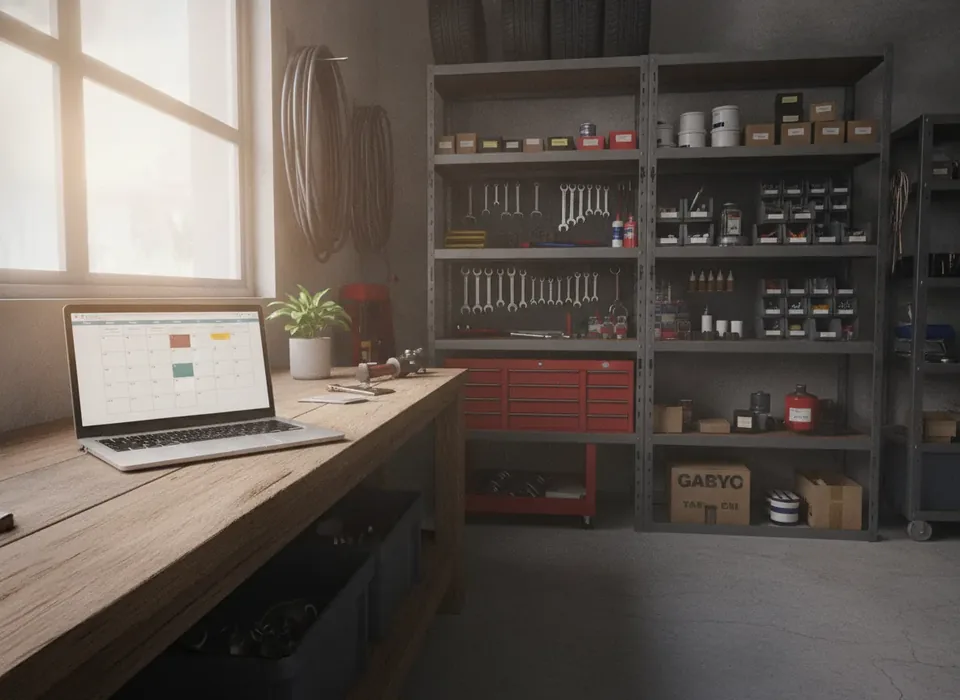 A laptop open on a workbench in a small contractor's shop