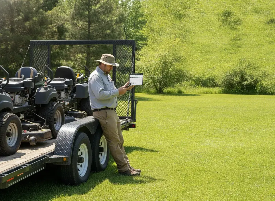 Illustration of a landscaping crew lead checking the day's route on a tablet beside a trailer