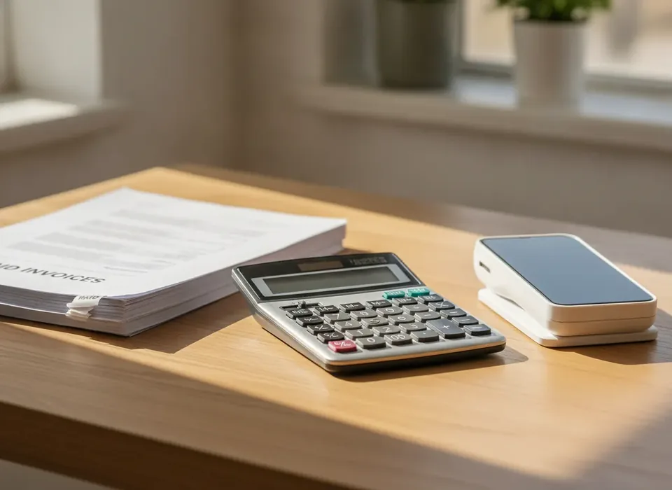 Invoices, a calculator and a laptop on a contractor's desk