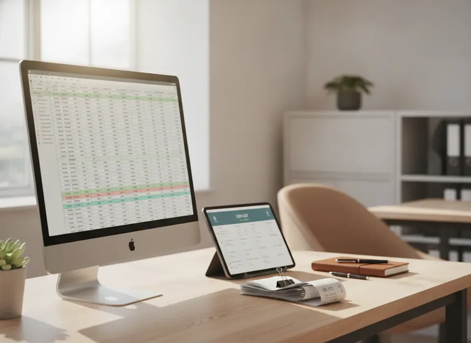 A desk with a laptop open to accounting software, a notebook and a coffee mug